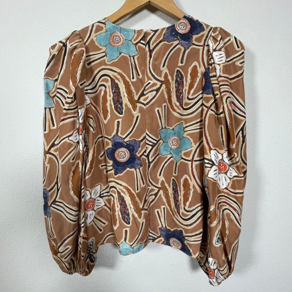 Ulla Johnson Silk Blouse 4 Brown Floral Puff Sleeve Boho Cottagecore Batik Top - Picture 8 of 9